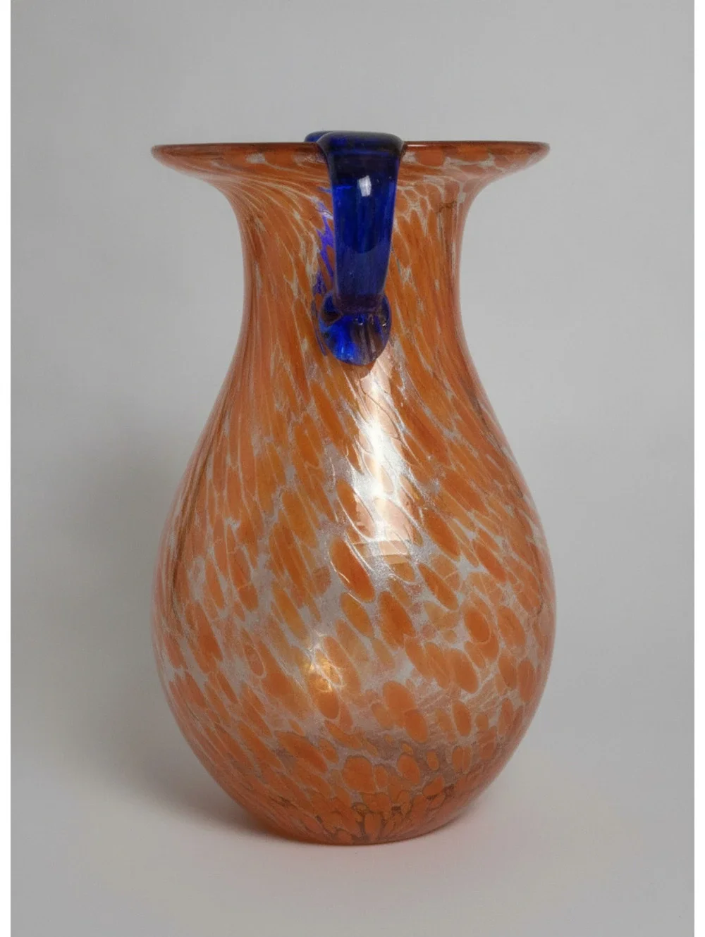Vintage Nouveau Orange Spatter Art Glass Vase with Applied Cobalt Blue Handles